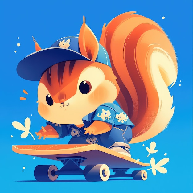 A squirrel riding a skateboard cartoon style