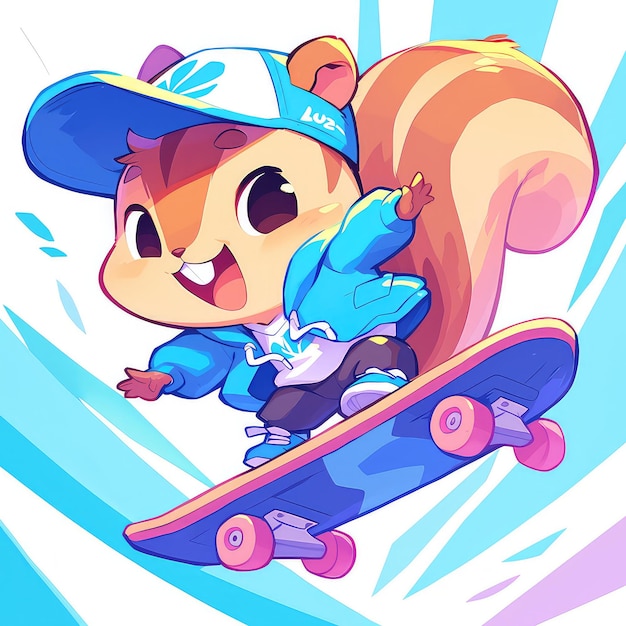 A squirrel riding a skateboard cartoon style