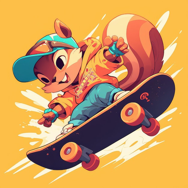 A squirrel riding a skateboard cartoon style