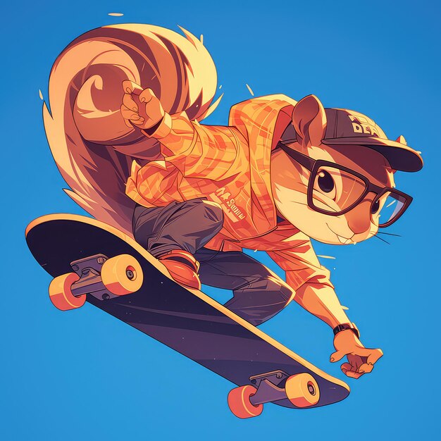 A squirrel riding a skateboard cartoon style