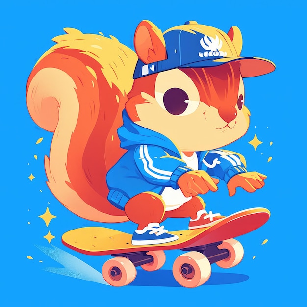 A squirrel riding a skateboard cartoon style