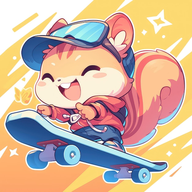 A squirrel riding a skateboard cartoon style