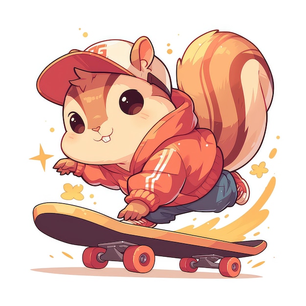 A squirrel riding a skateboard cartoon style