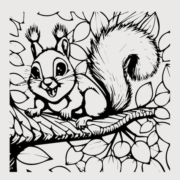 Vector squirrel vector outline black and white coloring book page for kids