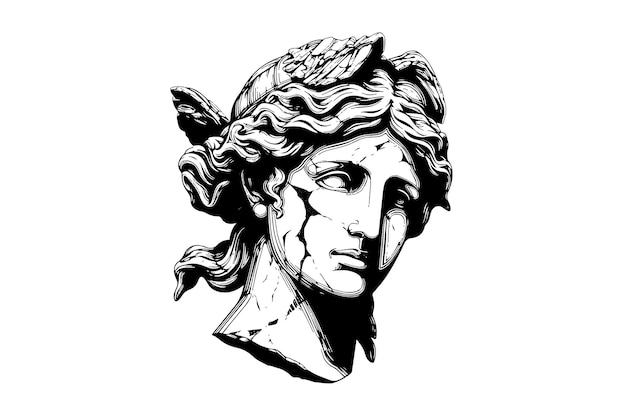 Sracked statue head of greek sculpture sketch engraving style vector illustration