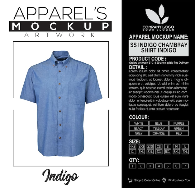 Vector ss indigo chamray shirt indigo apparel mockup artwork