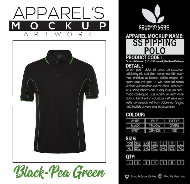 SS Piping Polo Black Peagreen Apparel Mockup Artwork Design