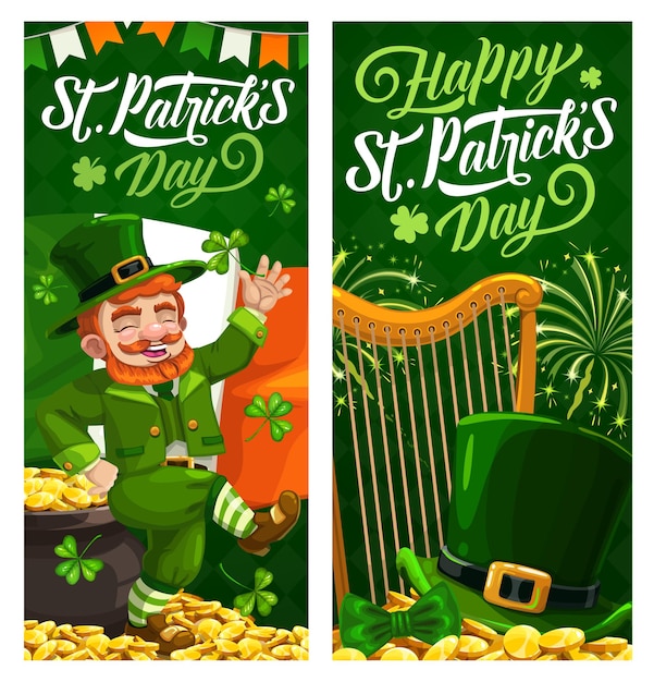 St. Patrick Day cartoon banners with leprechaun in green top hat dance on golden coins