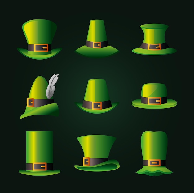 St. patrick green irish hats party lucky decoration icons  illustration