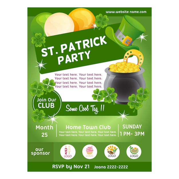 St patrick party poster with clover shamrock