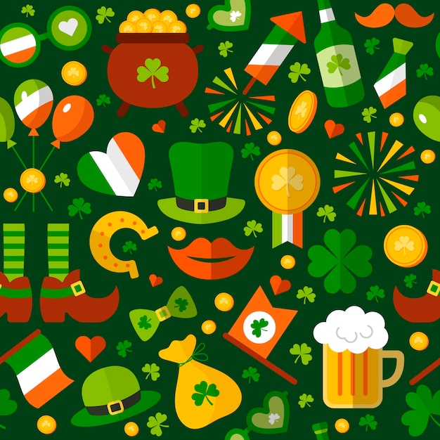 St patrick pattern Leprechaun character with gold green clover leaf lucky items recent vector seamless background for textile design projects