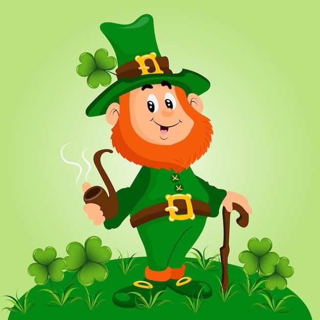 St. Patrick's Day, cute leprechaun with a smoking pipe in a green meadow with clover. Illustration