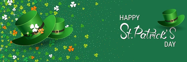 St.Patrick's Day elegant vector banner template with green background and colorful clover leaves