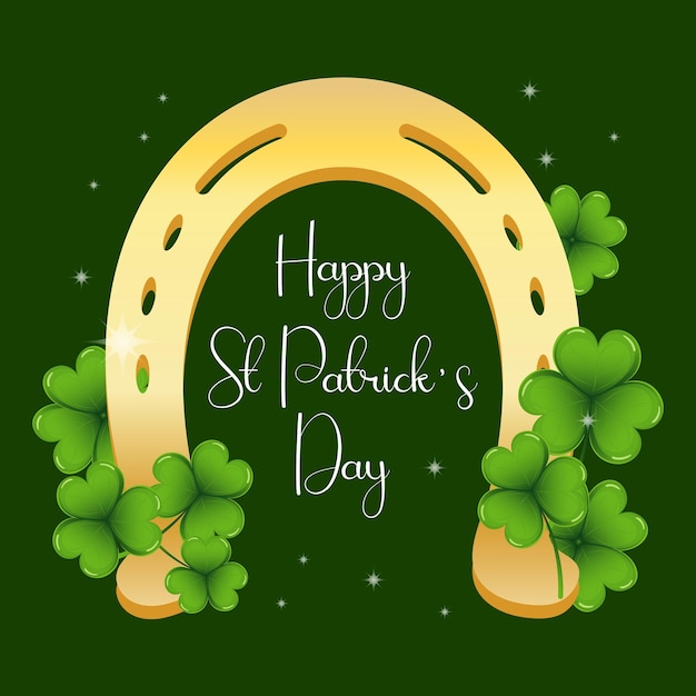 St. Patrick's Day, golden horseshoe with clover leaves, shamrock and congratulatory inscription.