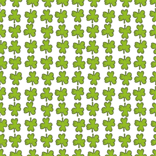 St Patrick's Day seamless pattern Vector hand drawn background with green shamrocks leaves rainbow golden coins horse shoue leprechauns beer glasses