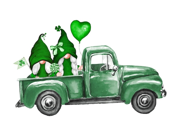 St. Patrick's Day Truck with Gnome Watercolor