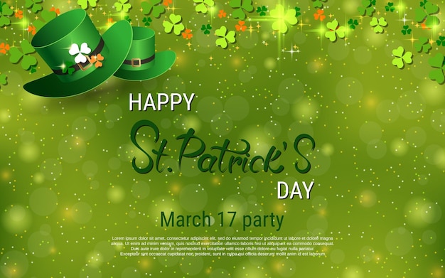 St.Patrick's Day vector illustration with clover leaves, lettering and leprechaun hats