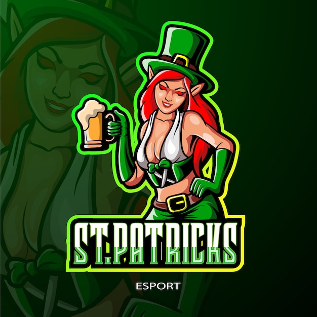 St. patrick's female leprechaun esport logo design