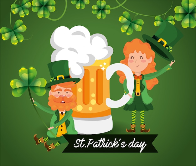 St patrick woman and man with clovers and beer