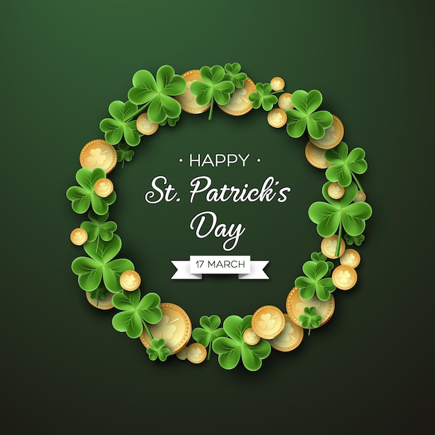 St. Patricks Day card. Wreath with clover leaves and coins.