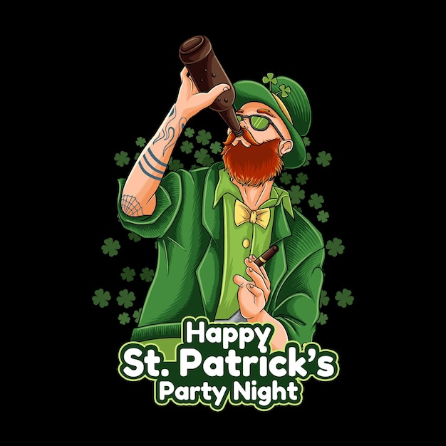 St Patricks Day Cartoon Man drinking a bottle of beer