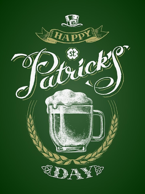 Vector st patricks day glass beer mug with barley wreath chalk drawing