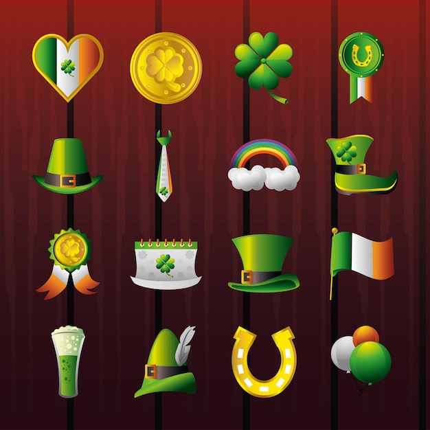 St patricks day icons heart flag coin clover shoe horseshoe beer hat  illustration