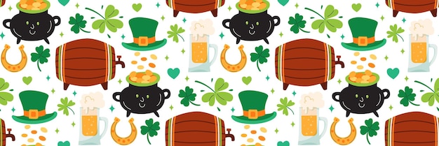 St Patricks Day pattern Background with Festive elements Barrel of beer green hat shamrock luck