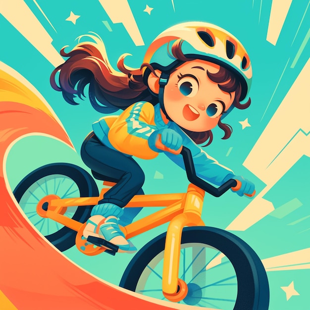 A St Petersburg girl rides a gravity bike in cartoon style