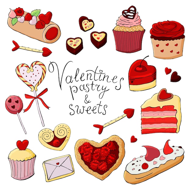 St Valentines sweets and pastry color set Vector illustration