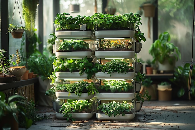 a stack of baskets with herbs and herbs in them