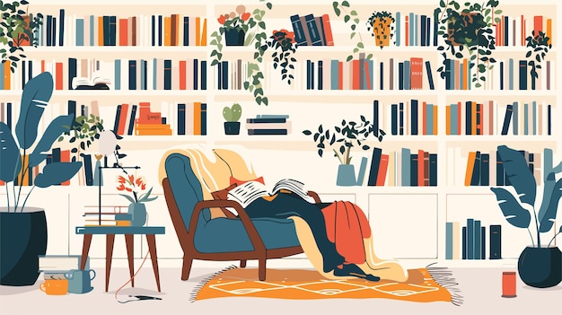 Vector stack of books and cozy reading areas vector illustration