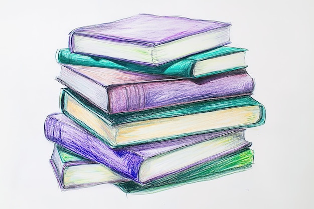 Vector a stack of books in the style of colored pencil drawing on a white background with hints of purple and green color white background ar 32 v 61 job id 159d198c36dc47e284d4592a982d745c