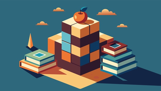 a stack of books there is an apple on it next to three cubes with letters vector illustration