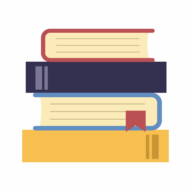 Stack of books on white background. Vector illustration. Textbook with bookmark.