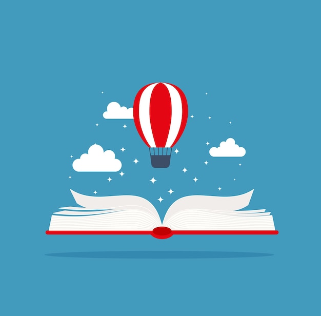 Stack of books with air balloon Fantasy fairy tale Imagination and inspiration pictureVector flat illustration