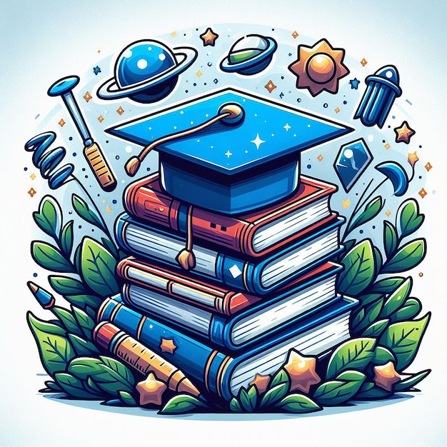 A stack of books with a blue cap on top illustration design