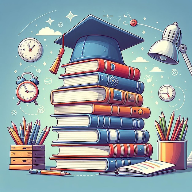 A stack of books with a cap on top of them illustration design