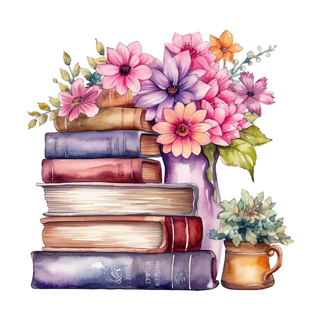 A stack of books with flowers and a cup of coffee.