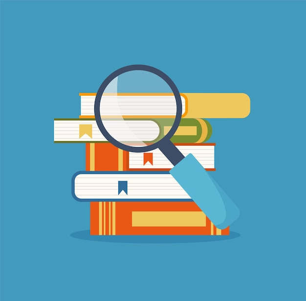 Stack of books with magnifying glass Knowledge logo Education and information retrieval Online course Vector illustration