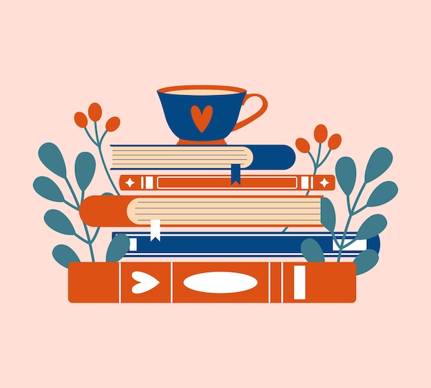 Stack of books with plants leaves berries cup of tea or coffee Cute vector clip art for cards