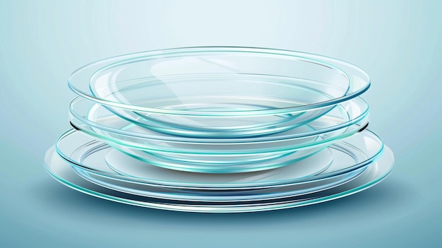 a stack of clear glass plates with a blue background