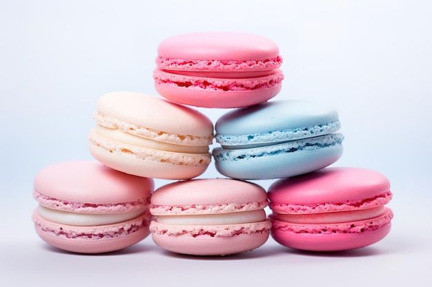 a stack of colorful macarons with pink and blue on top of them