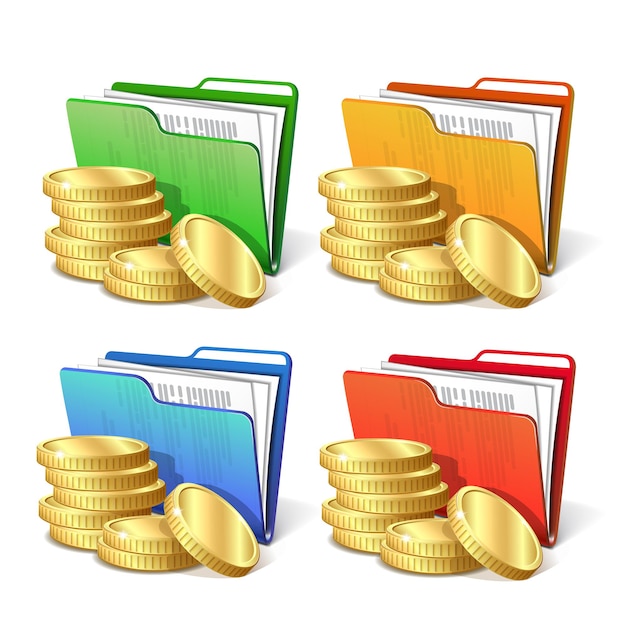 Stack of gold coins next to the folder with documents symbol of a successful business project