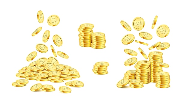 Stack of golden dollars coins in pile realistic