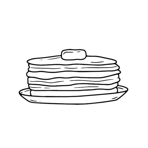 A stack of pancakes with butter in a simple linear doodle style Vector isolated food illustration