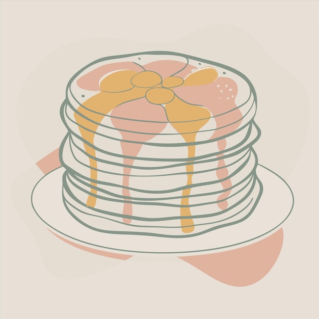 a stack of pancakes with eggs and syrup on them