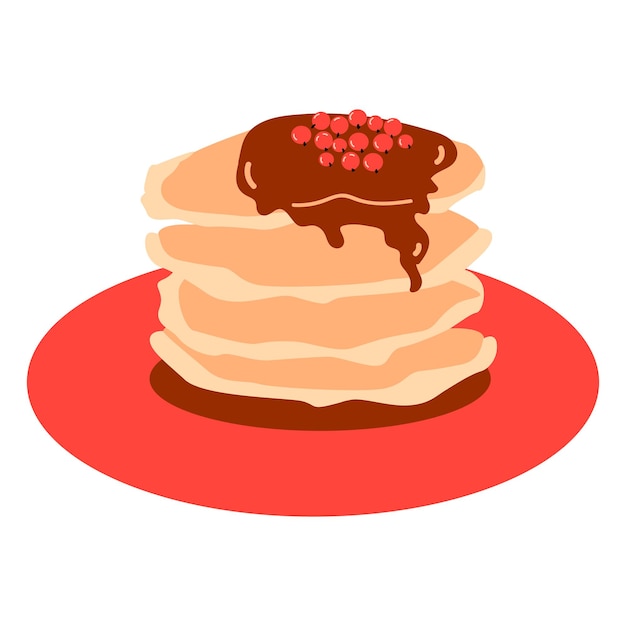 Stack of Pancakes with maple syrup, berries on a plate. Vector. Breakfast