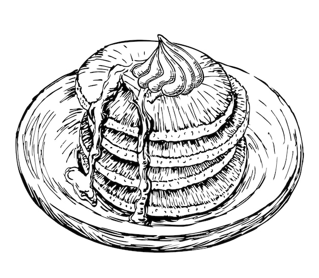 Stack of pancakes with maple syrup and piece of butter Breakfast pancakes with syrup and butter on a plate sketch art vector Hand drawn vector illustration