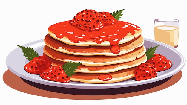 a stack of pancakes with strawberry syrup on them